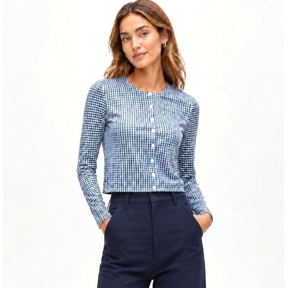 NWT J.Crew Gingham Jackie Cotton Cardigan Sweater, Blue & White Cotton Stretch